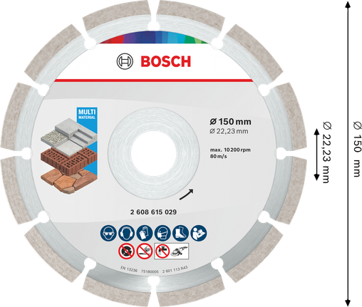 Bosch Multi Material Diamond Cutting Disc 150 mm for various construction materials.