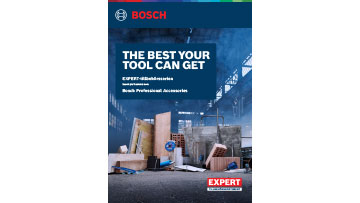 En Bosch Professional katalog med verktyg i en byggmiljö, trä och betong.