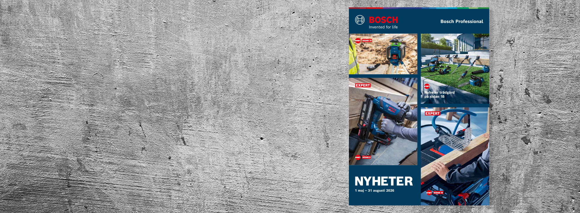 En broschyr från Bosch Professional med verktyg på en grå betongbakgrund. Bilder visar verktyg i användning.