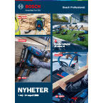 Fyra bilder av Bosch Professional verktyg: en såg, en borrar, en slipmaskin och en naglare, på arbetsplatser.