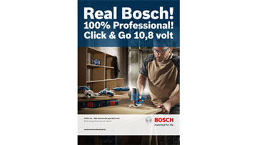 En man arbetar med en Bosch Professional verktyg på en träyta.