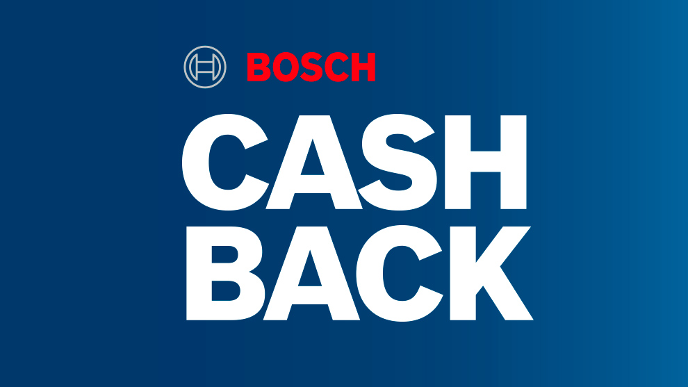 Bosch-logo med texten CASH BACK i vitt på blå bakgrund.