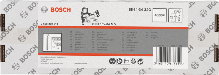 Bosch SK64-34 32G galvaniserade spikar 4000× 1,8×1,5 mm.