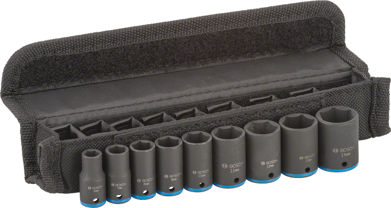 Bosch 9-delad hylsnyckelsats 6-14 mm i svart fodral.