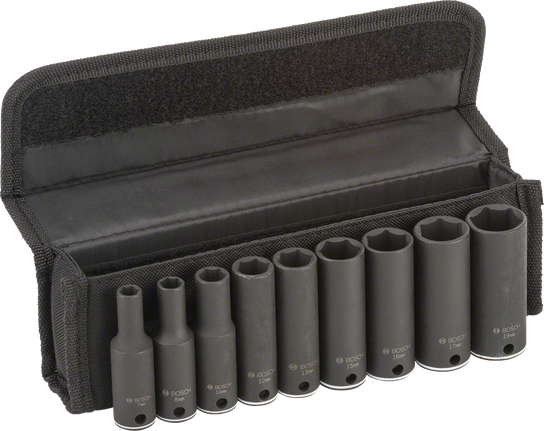 Bosch 9-delad hylsnyckelsats 7-19 mm i svart fodral.