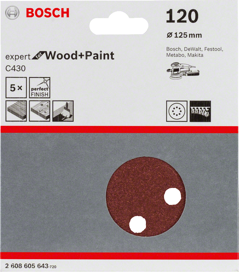 Bosch slippapper C430 125 mm, 120 korn, 5-pack.