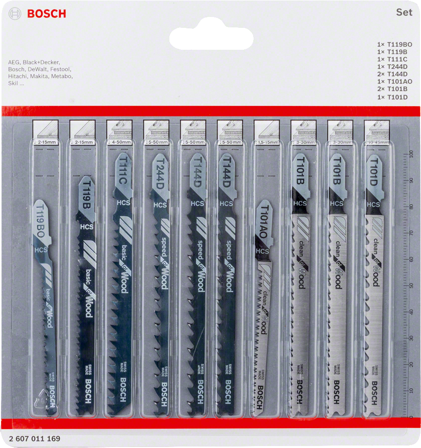 Bosch 10-delars T-skaft sticksågbladssats för trä.
