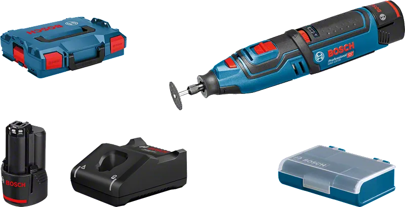 Bosch GRO 12V-35 sladdlöst roterande verktygsset med tillbehör.