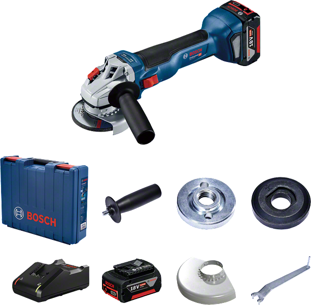 Bosch GWS 18V-10 sladdlös vinkelslipsats med tillbehör.