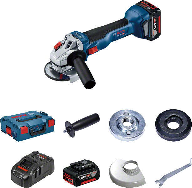 Bosch GWS 18V-10 vinkelslip med batteri och tillbehör.