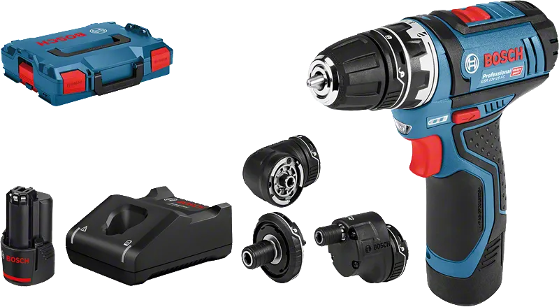 Bosch GSR 12V-15 FC sladdlös borrmaskin med tillbehör.