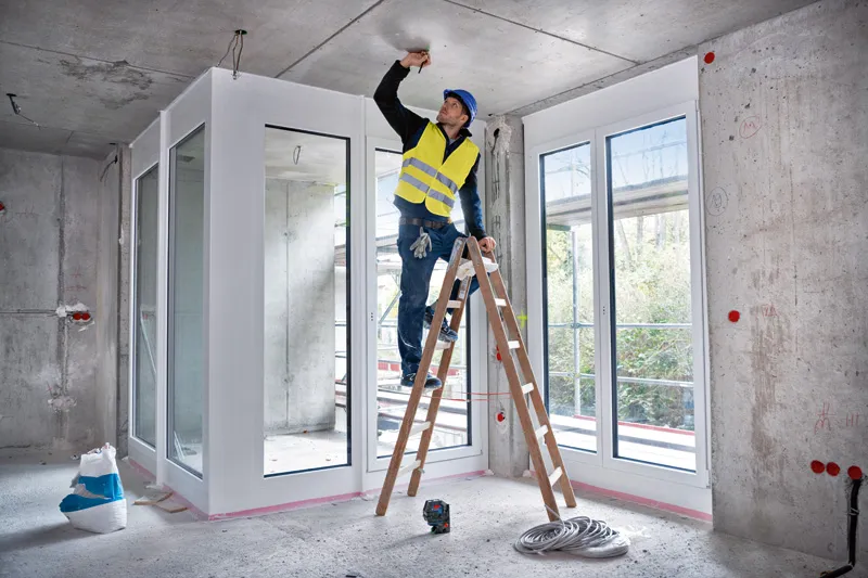 En person med säkerhetsutrustning står på en stege med hjälp av ett lasernivelleringsverktyg inomhus.