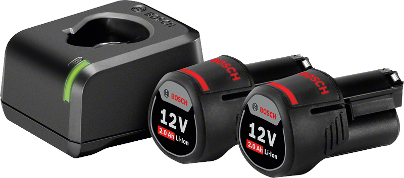 Bosch 12V startpaket med laddare och två 2,0 Ah-batterier.