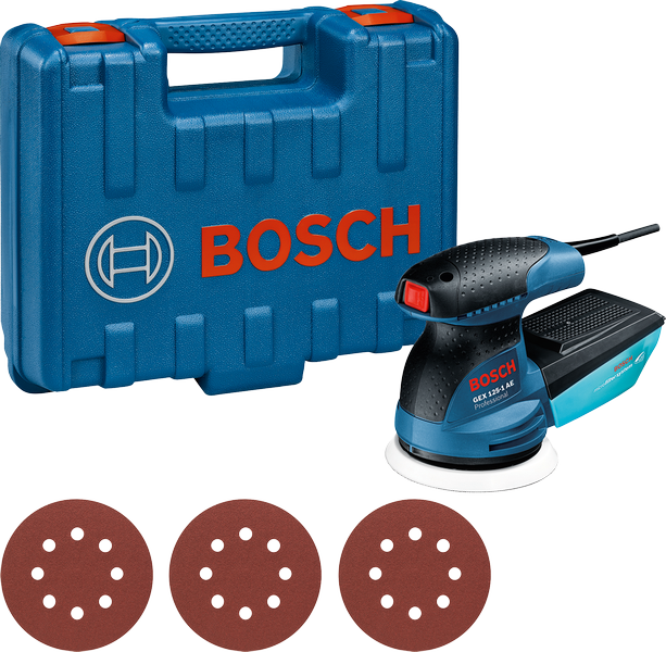Bosch GEX 125-1 AE excenterslip med väska och slipskivor.