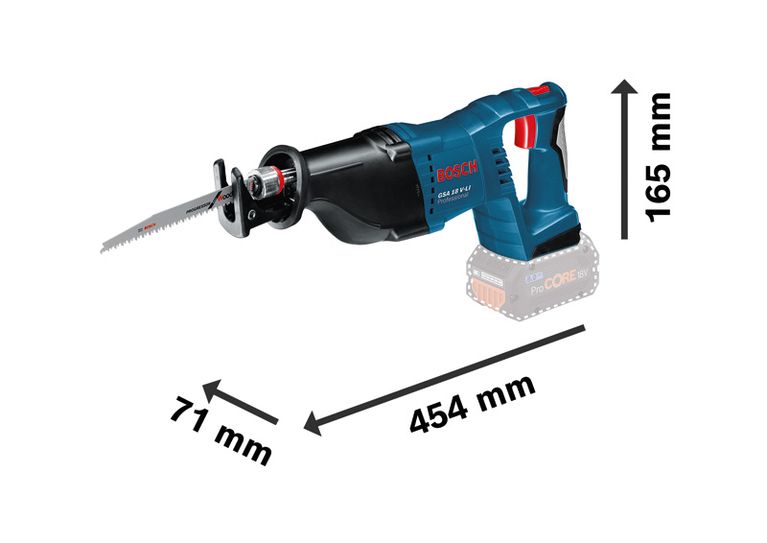 Bosch GSA 18V-LI tigersåg med visade mått.