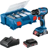 Bosch GSR 18V-45 borrmaskinset med väska, batteri och laddare.