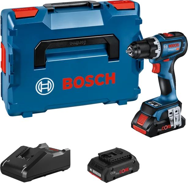 Bosch GSR 18V-90 C sladdlös borrmaskin med batteri och laddare.