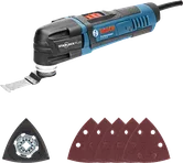 Bosch GOP 30-28 multiverktyg med Starlock Plus-blad och slipplattor.