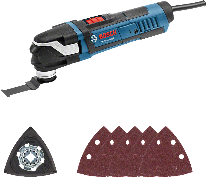 Bosch GOP 40-30 multiverktyg med slip- och skärtillbehör.