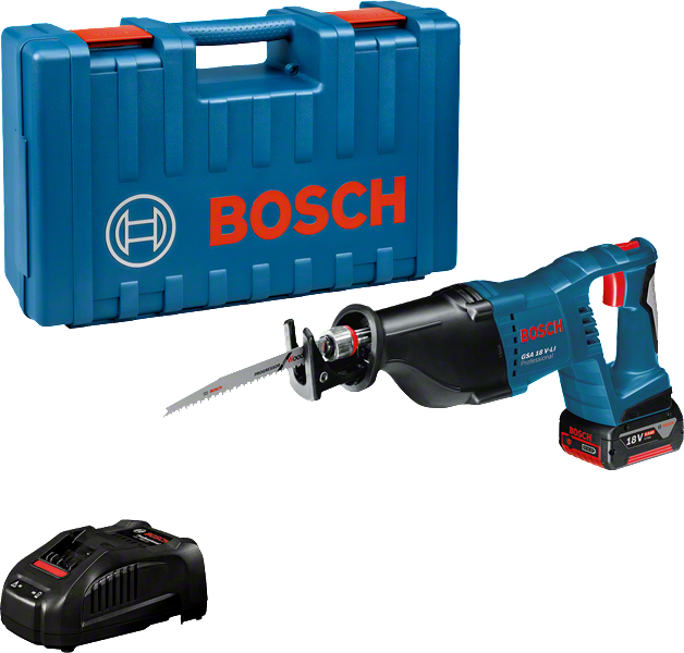 Bosch GSA 18 V-LI tigersåg med batteri och väska.