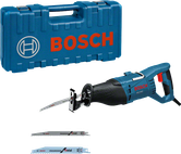 Bosch GSA 1100 E tigersåg med klingor och väska.