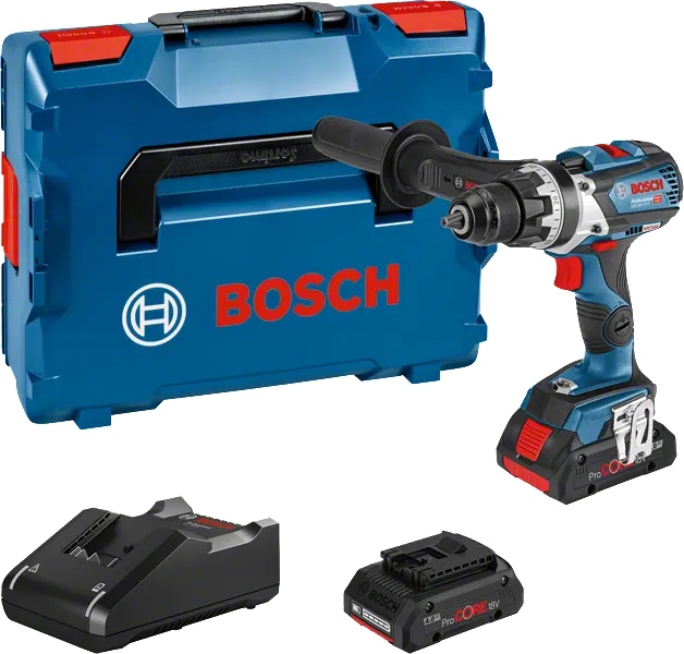 Bosch GSR 18V-110 C sladdlös borrmaskin med väska och batterier.