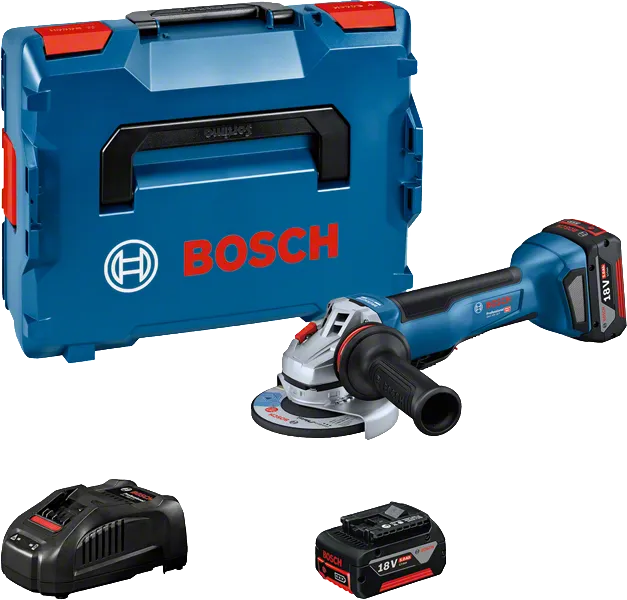 Bosch GWS 18V-10 P vinkelslip med batteri, laddare och väska.