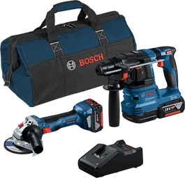 Bosch 18V kombinationskit med vinkelslip, borrhammare, laddare och väska.