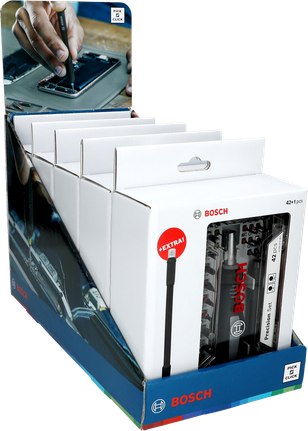 Bosch Precision Set 42-delars skruvmejselbitsdisplay.