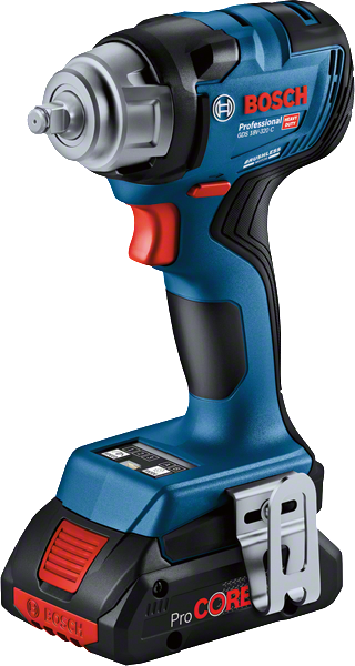 Bosch GDS 18V-320 C sladdlös slagskruvdragare med bältesklämma i metall.