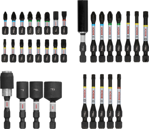 Bosch PRO slagskruvmejselbitssats 33 delar, färgkodade spetsar.