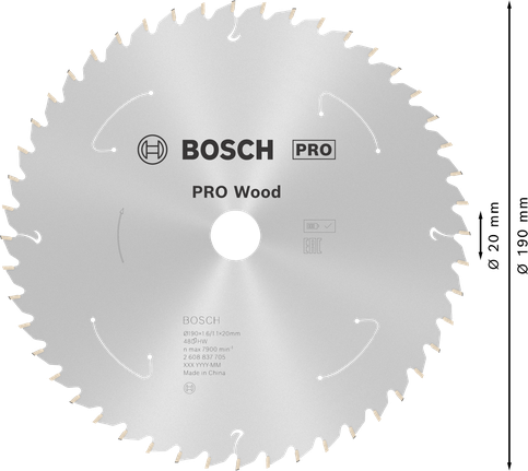 Bosch PRO Wood sladdlös cirkelsågklinga, 190 mm T48.