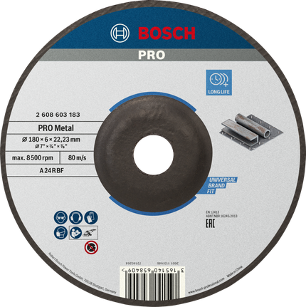 Bosch PRO metallbunden slipskiva, 180 x 6 mm.