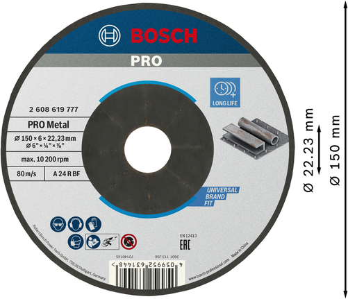 Bosch PRO metallbunden slipskiva, 150 mm lång livslängd.