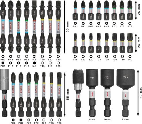 Bosch PRO slagskruvmejselbitssats 36 delar, färgkodade.