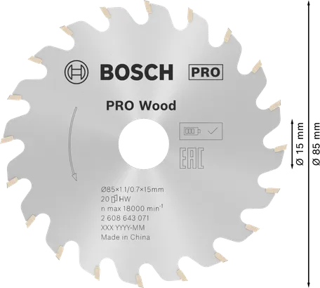Bosch PRO Wood cirkelsågblad 85 mm för fina snitt.