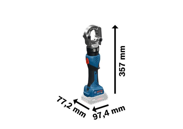 Bosch GPH 18V-60 sladdlös hydraulisk krymptång med mått.