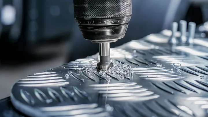 En borr skapar ett hål i en metallplåt, vilket producerar metallspån.