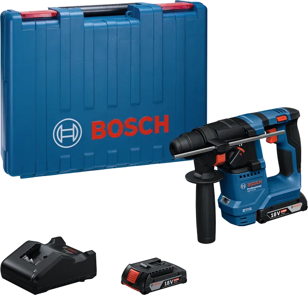 Bosch GBH 18V-18 borrhammare med batteri, laddare och väska.