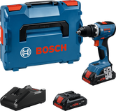 Bosch GSR 18V-65 sladdlös borrmaskin med väska och batterier.