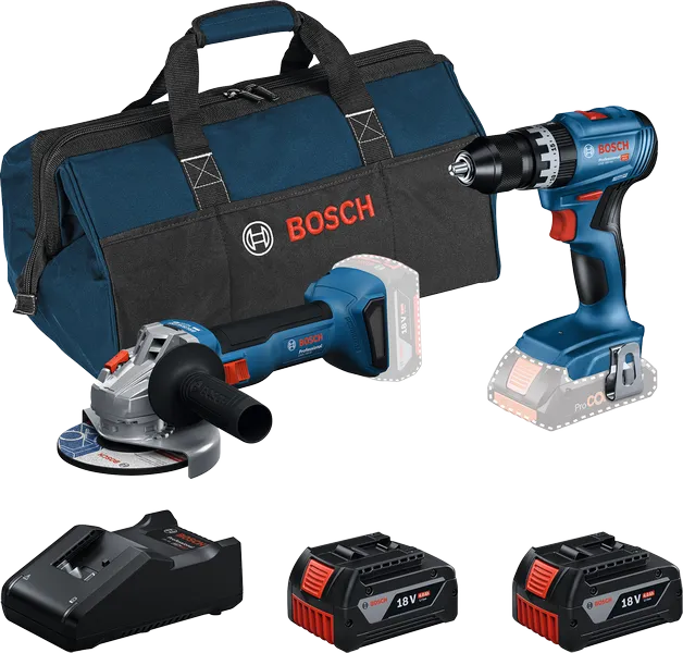 Bosch 18V kombisats med borrmaskin, vinkelslip, laddare, batterier och väska.