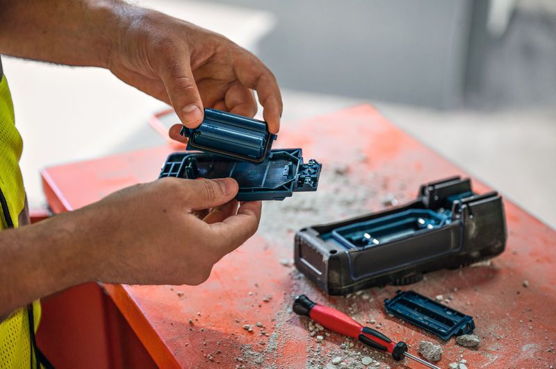 En person med säkerhetsutrustning byter batterier i ett elverktyg på en dammig arbetsbänk.