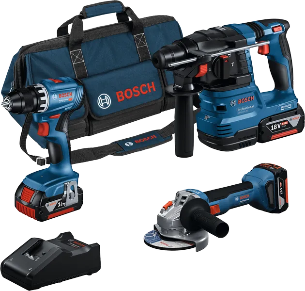Bosch 18V 3 Verktygssats GSR GWS GBH med laddare och väska.