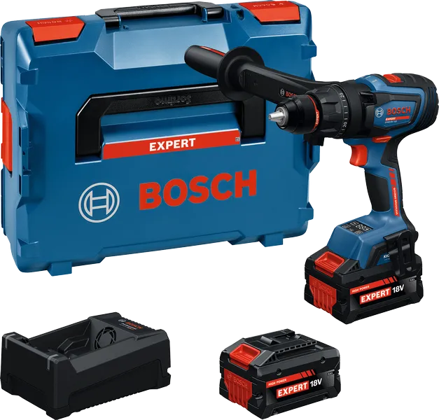 Bosch EXSB 18V-150 borrmaskinset med väska och batterier.