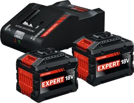 Bosch startpaket med två 18V 15Ah batterier och laddare.