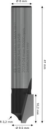 Bosch PRO Fräsprofil R 3,2 x Ø 9,5 skaft 8 mm.