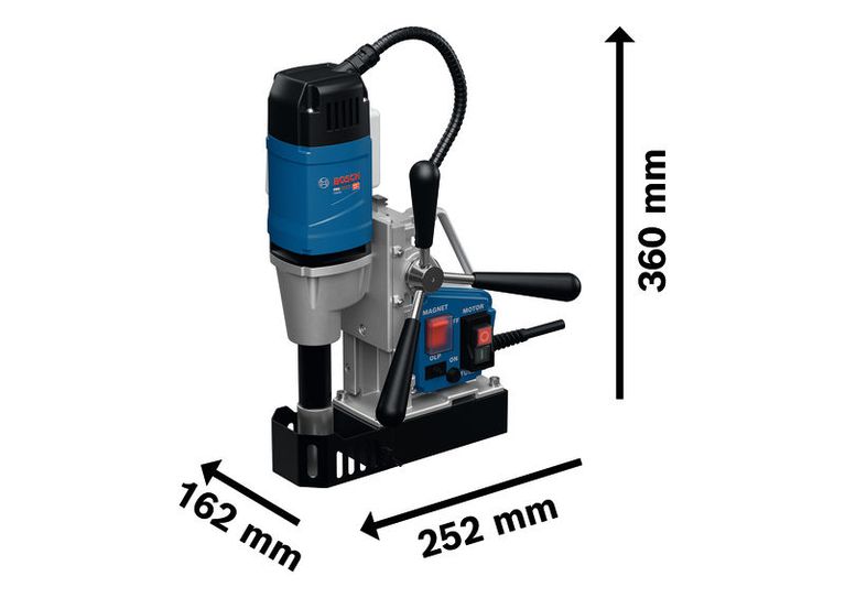 Bosch GBM 38 HD magnetborrmaskin med mått.