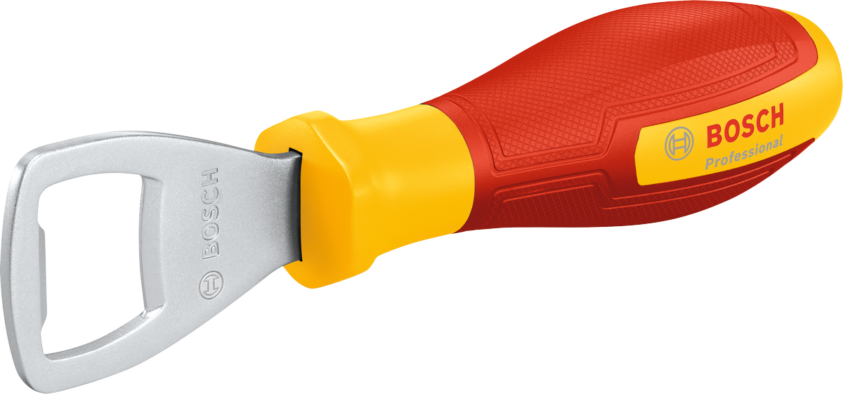 Bosch flasköppnare med rött och gult handtag.