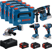 Bosch 18V kombinationskit med 4 verktyg, fodral och batterier.