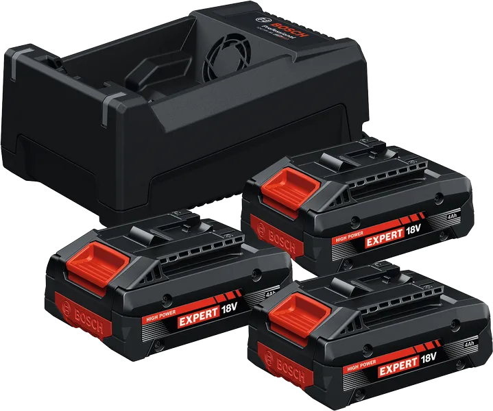 Bosch laddare med tre batterier.